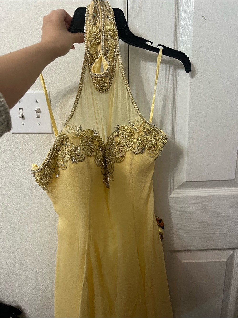 Vintage Yellow Halter Evening Dress with Beaded Floral Appliqué Alyce Paris
